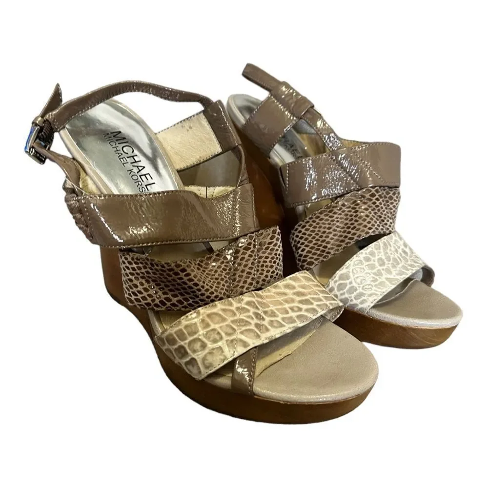 Michael Kors genuine leather strappy wedge size 7 snakeskin crocodile pa…